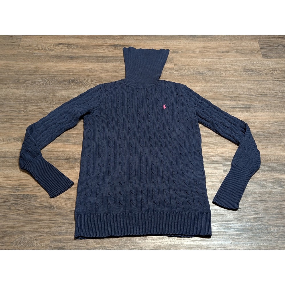 Ralph Lauren Sport Womens Cable Knit Turtleneck Sweater L Navy Pink Pony Preppy